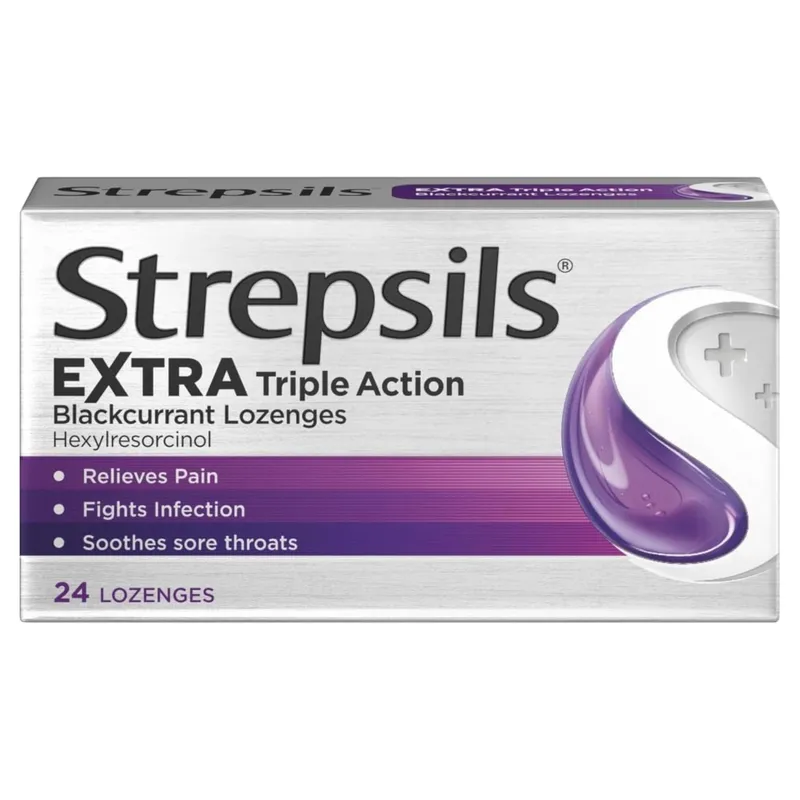 Strepsils Extra Medicated Sore Throat Lozenges Triple Action Blackcurrant